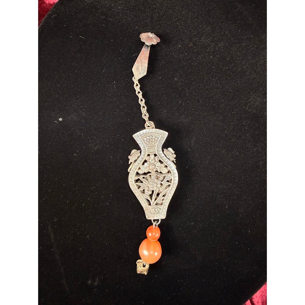 Antique Silver Needle Case Pendant Chatelaine Carnelian Bead Late Qing Dynasty - Picture 3 of 15